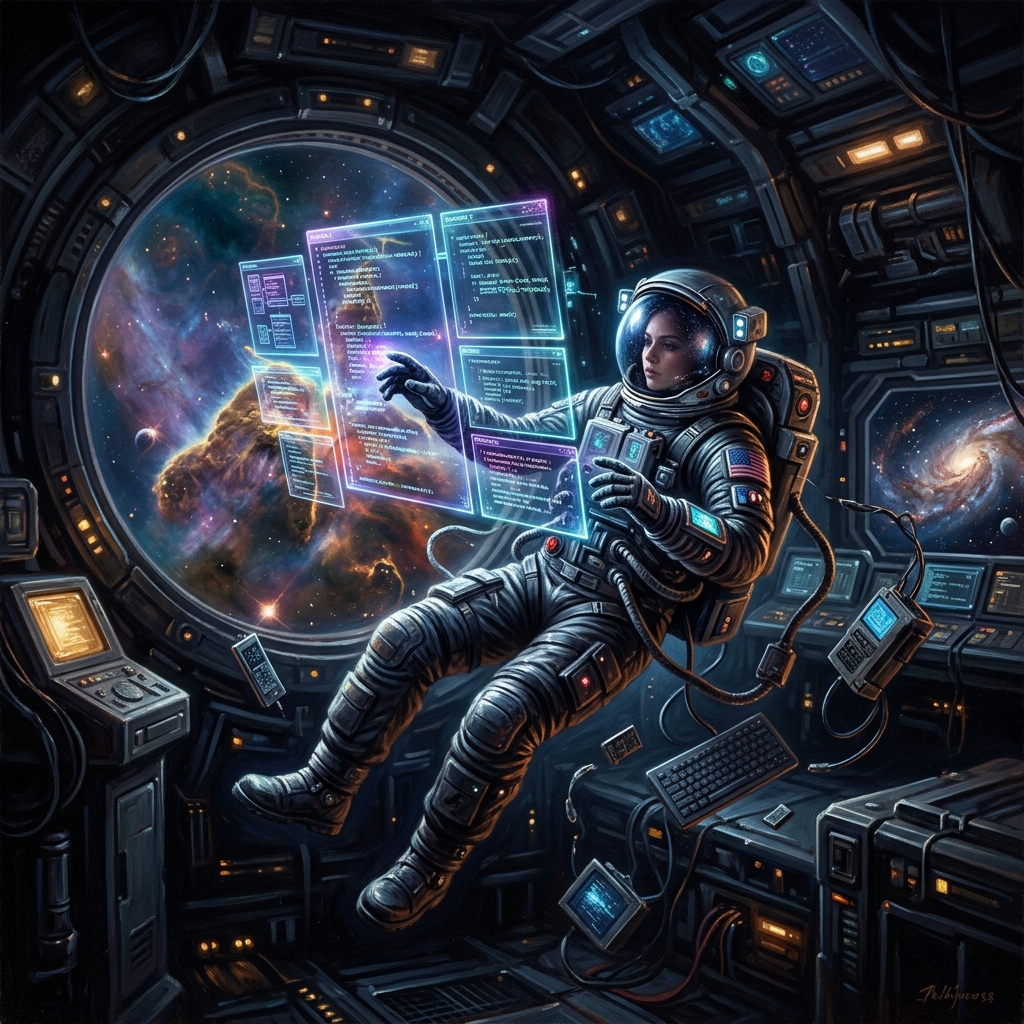 Antigravity AI Editor in gewichtloze cosmos-omgeving